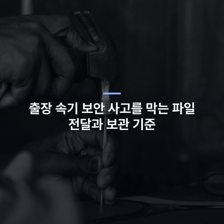 출장 속기 보안 사고를 막는 파일 전달과 보관 기준 · 사진: Close-up of hands using hammer and chisel in black and white, showcasing craftsmanship.
